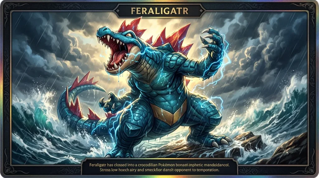 Feraligatr bleu électrisé avec pics rouges dans tempête