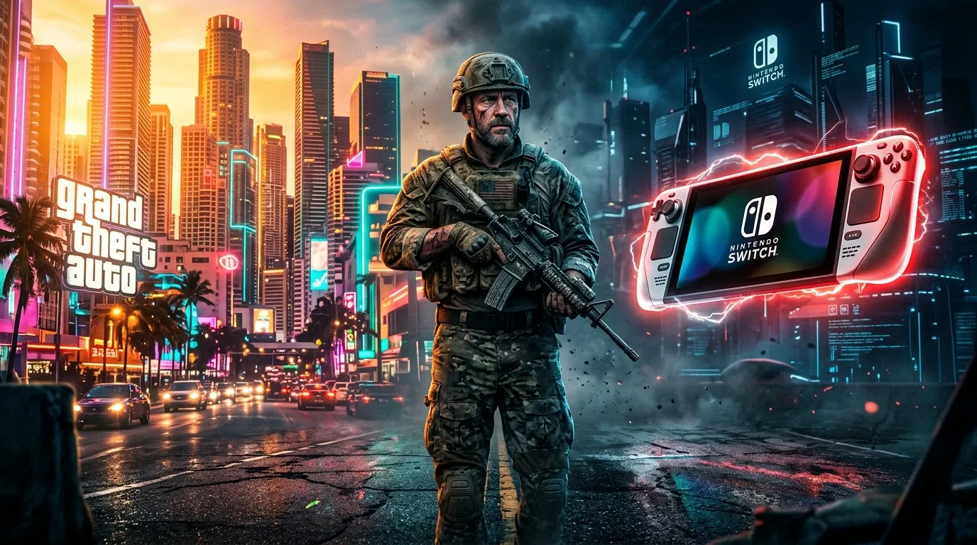 Soldat armé devant ville néon avec Nintendo Switch