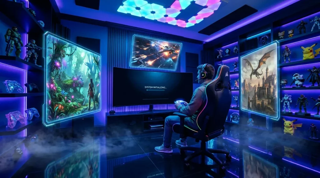 Joueur assis dans une pièce gaming neon avec écrans illuminés