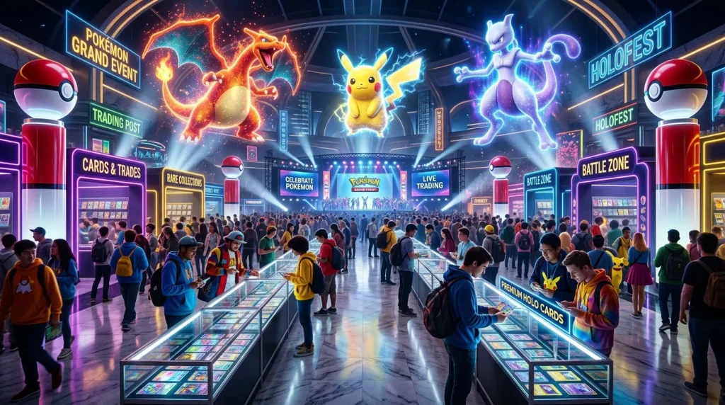 Foule dans un événement Pokémon haute technologie avec hologrammes géants