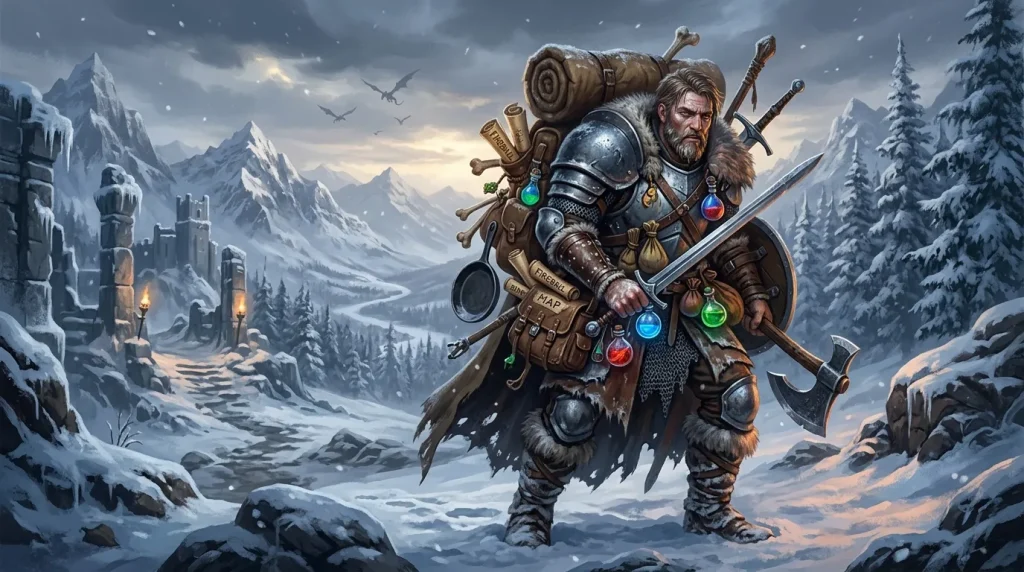 Guerrier barbu armé avec équipement dans paysage montagneux glacé