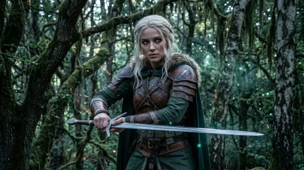 Femme guerrière blonde armée d'une épée en forêt mystique