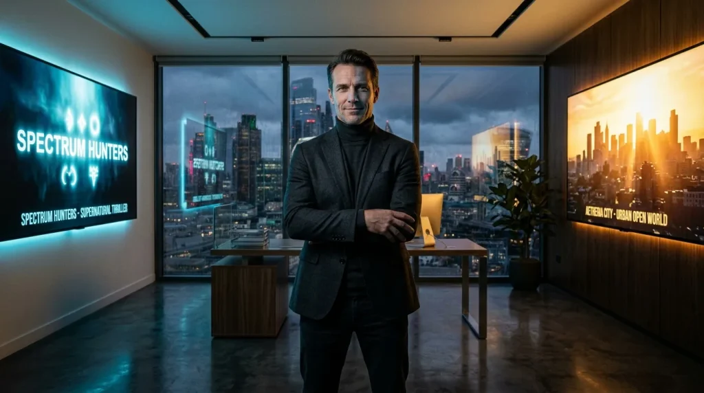 Homme en costume noir dans bureau moderne avec vue urbaine