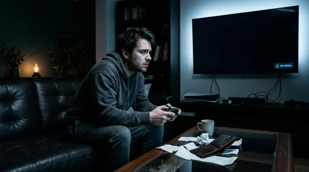 Homme assis sur canapé, manette jeu, télé sans signal
