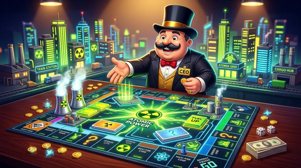 PDG jouant à un jeu de société nucléaire futuriste avec des ressources brillantes