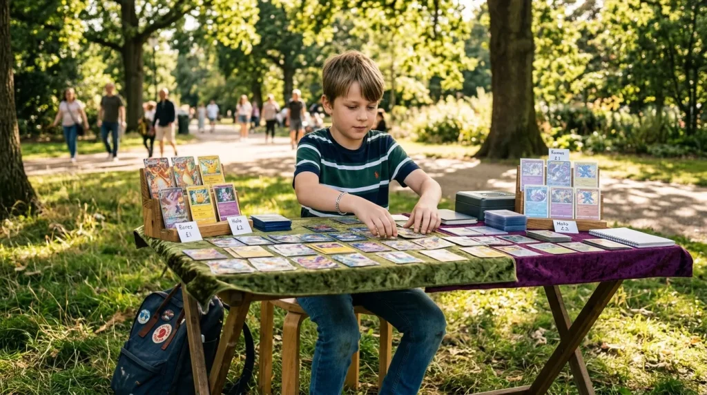 Enfant vendant des cartes de collection à une table en plein air