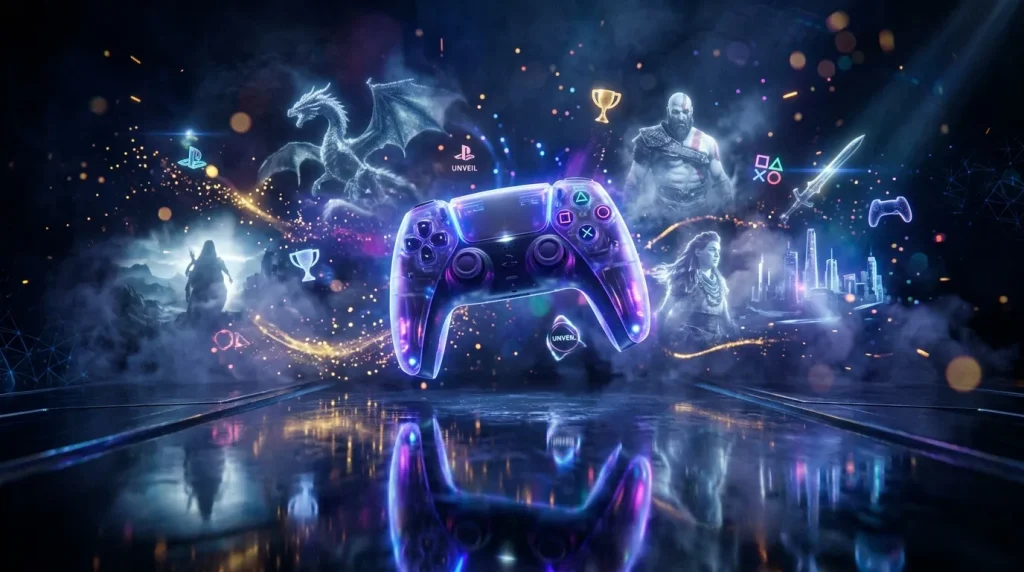 Manette PS5 lumineuse entourée de personnages de jeux vidéo