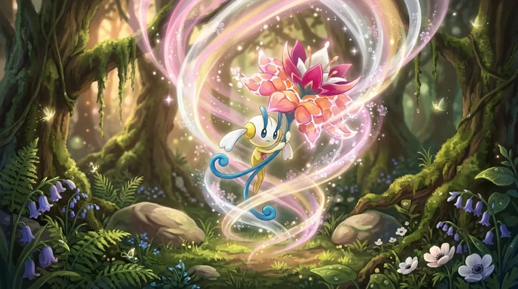 Petit Pokémon blanc avec fleur rose brillante dans forêt magique