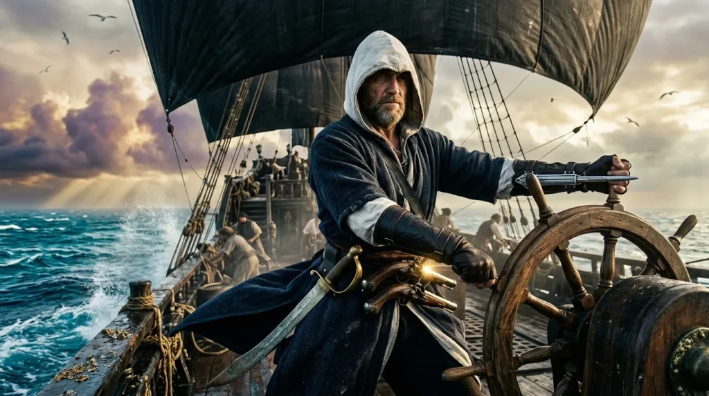 Pirate armé au gouvernail d'un navire en mer