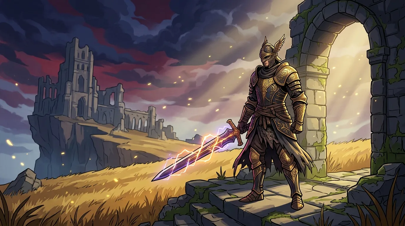 Guerrier en armure dorée tenant épée magique devant château