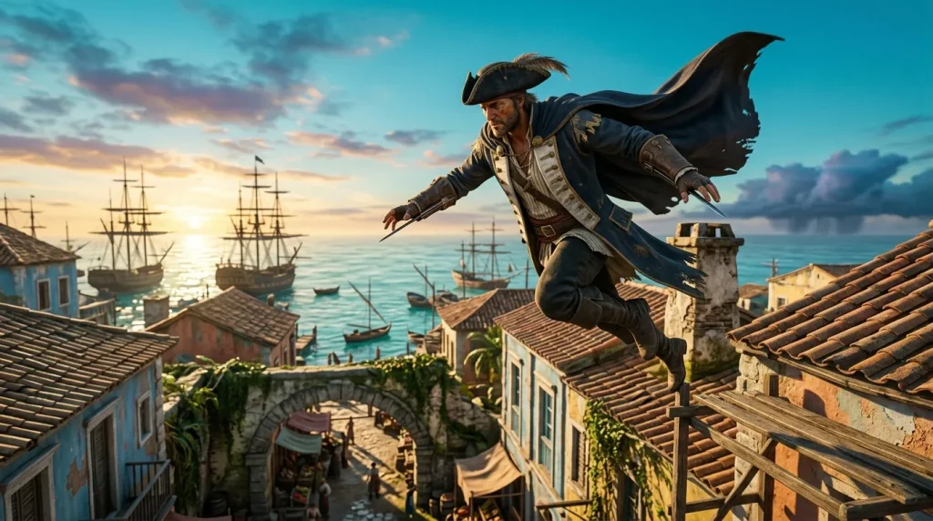 Pirate sautant sur les toits d'un port colonial méditerranéen