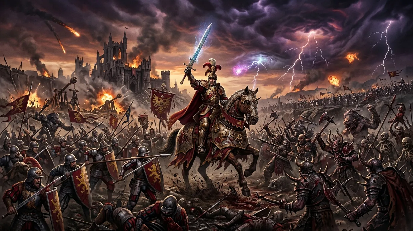 Chevalier épée magique combattant armée fantastique château brûlant