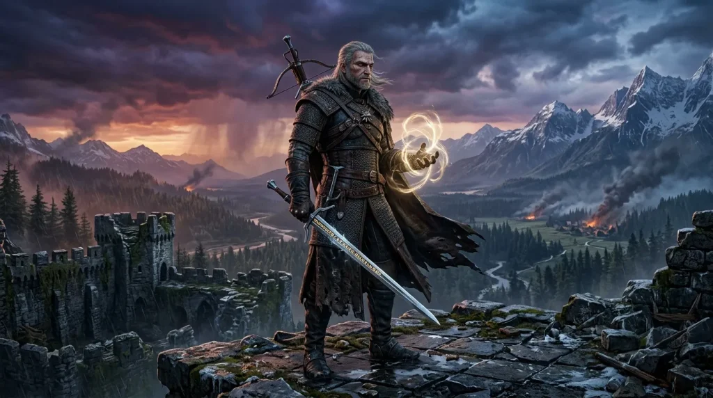 Guerrier magicien avec épée dans un paysage montagneux épique