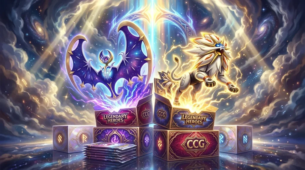 Deux créatures mythiques face à face, cartes de jeu collectible brillantes.