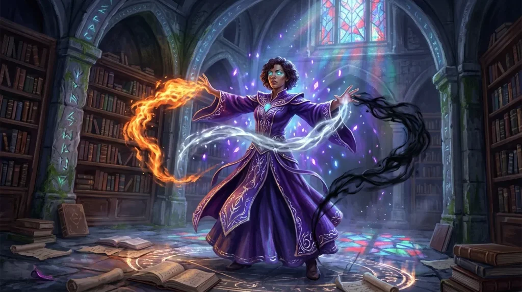 Mage en robe violette lançant des sorts de feu et de glace