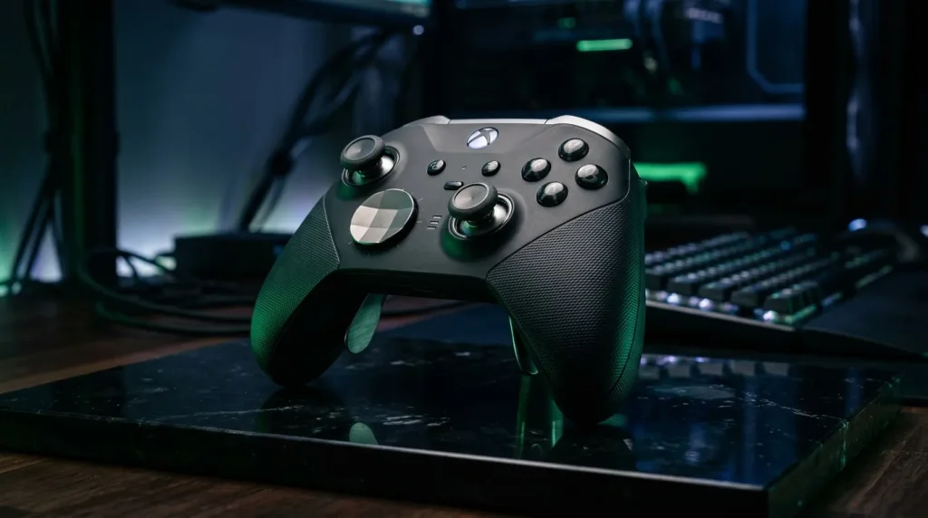 Manette gaming noire avec grips verts sur bureau gamer