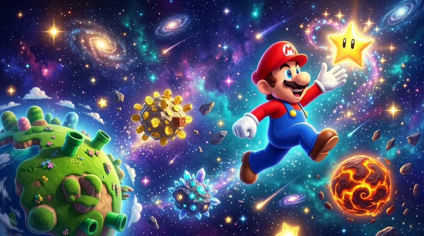 Mario saute dans l'espace avec étoiles et planètes colorées