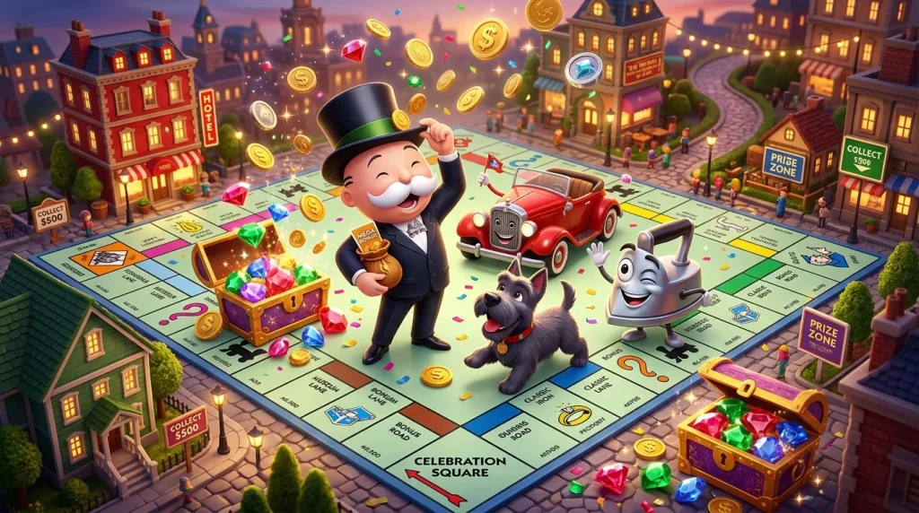 Plateau Monopoly avec personnage riche, pièces or et trésors