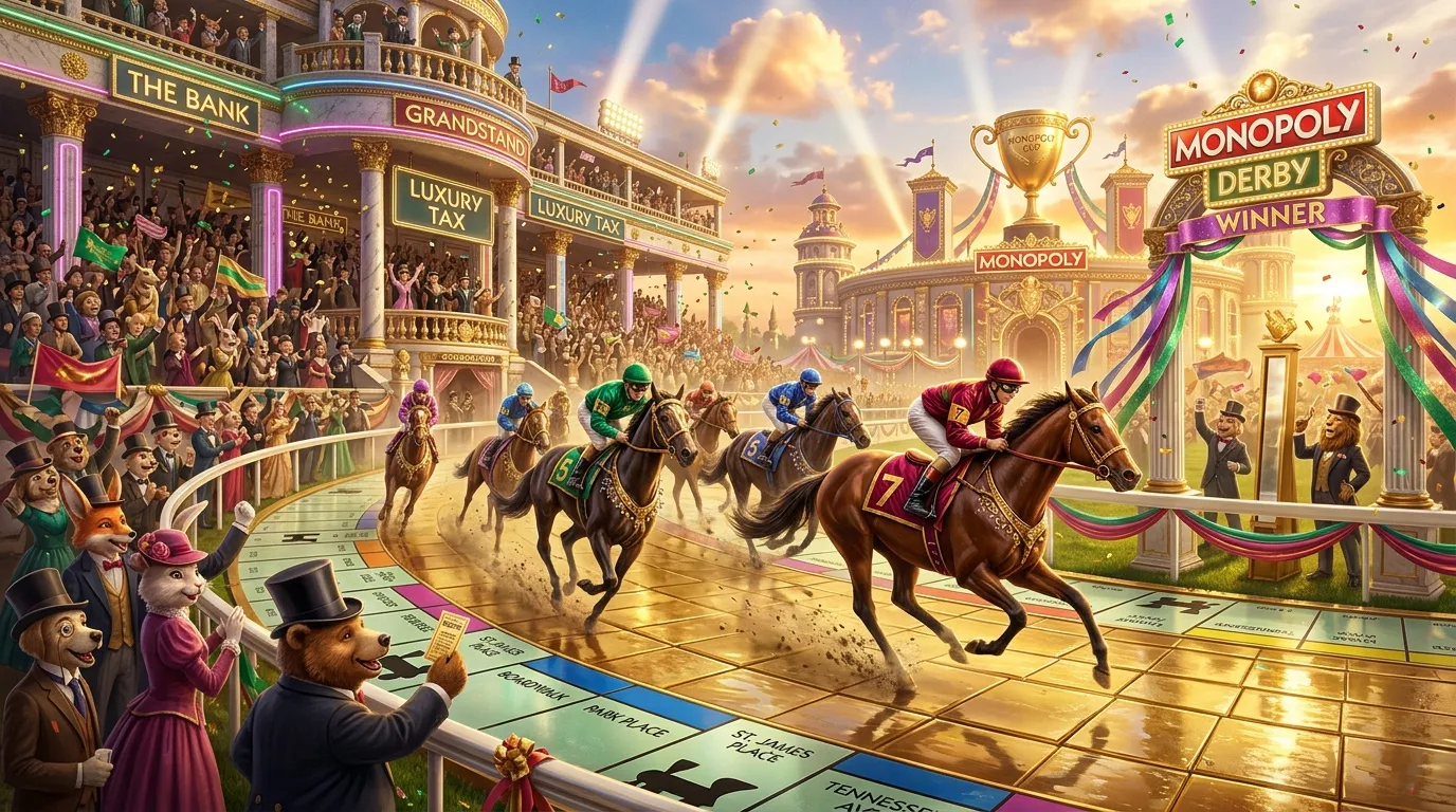 Course de chevaux sur plateau Monopoly géant avec spectateurs