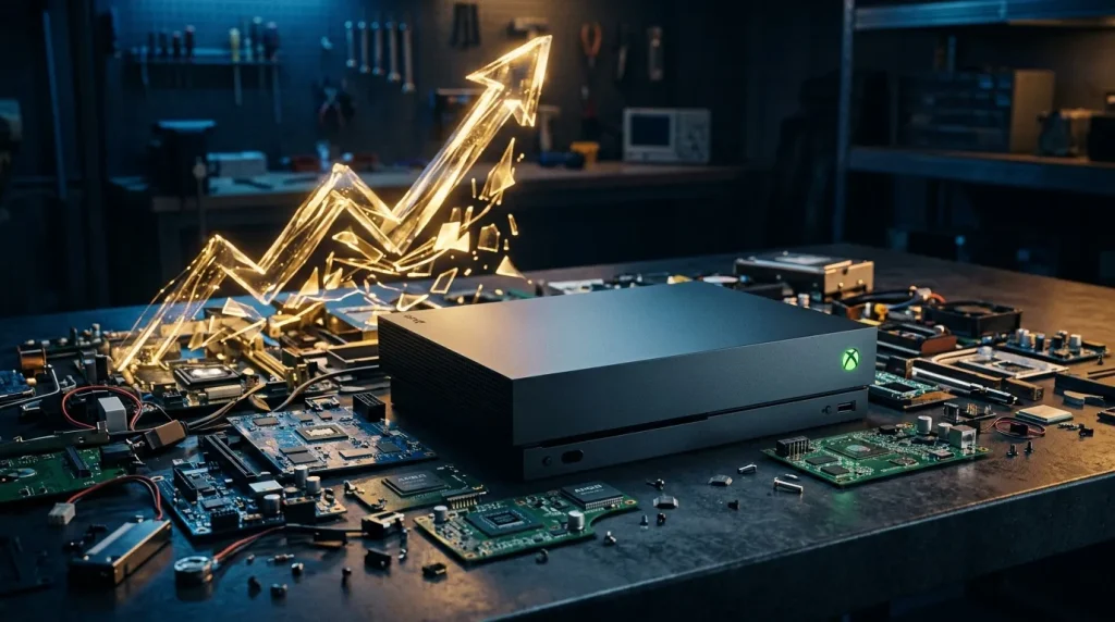 Console Xbox entourée de composants électroniques et flèche dorée montante