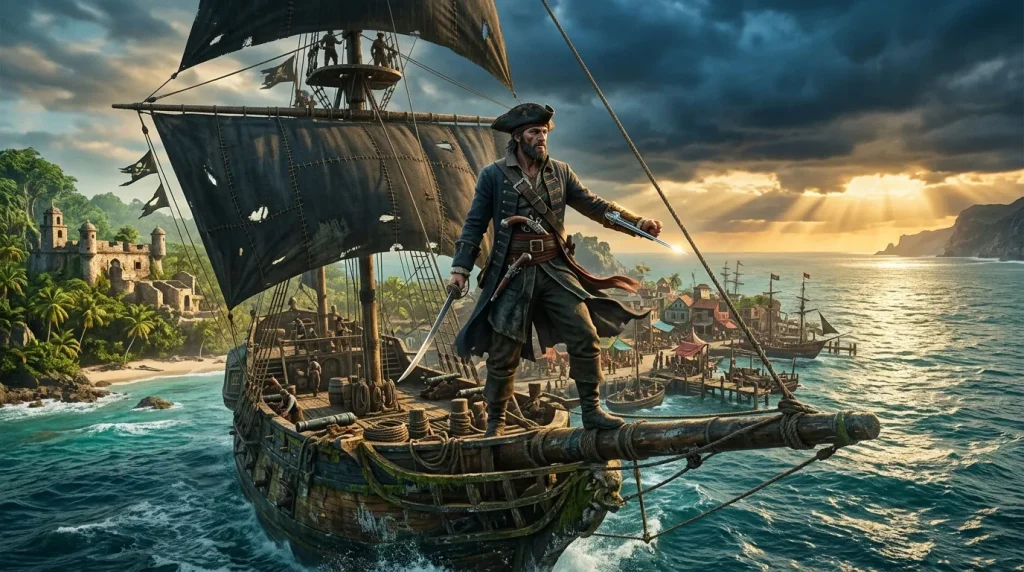Pirate debout sur voilier noir en haute mer tropical