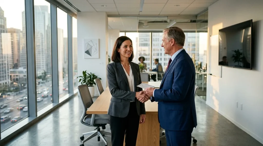 Deux professionnels se serrent la main dans un bureau moderne