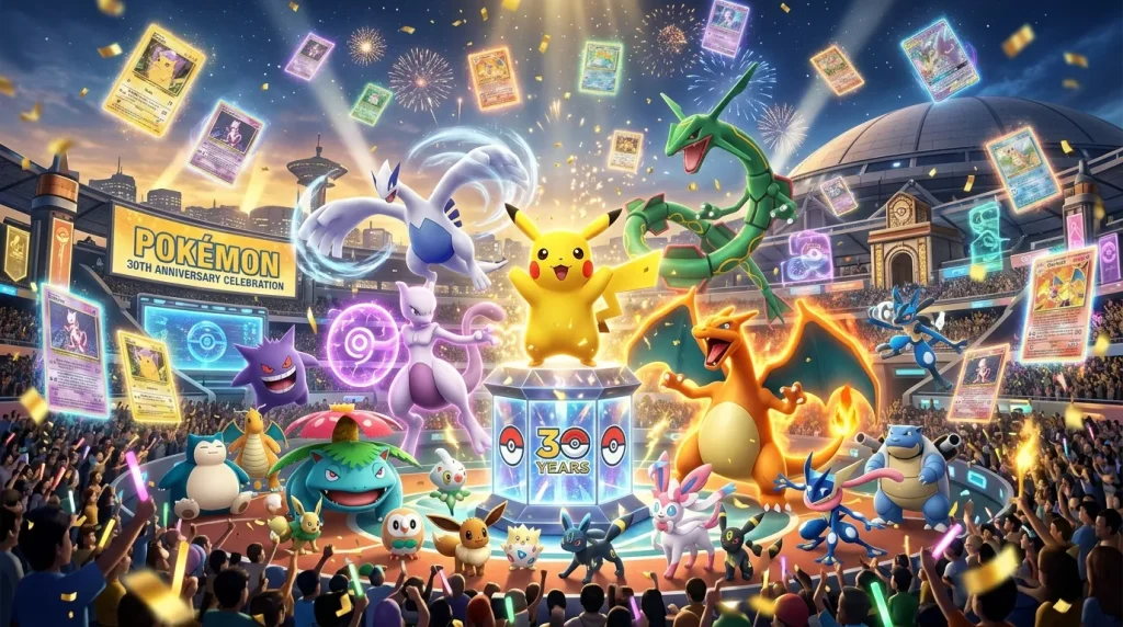Scène festive avec Pokémon emblématiques et cartes holographiques