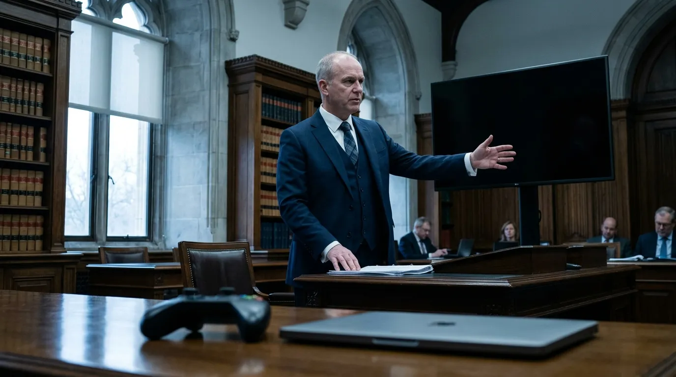 Avocat présentant devant un écran dans une salle de tribunal.