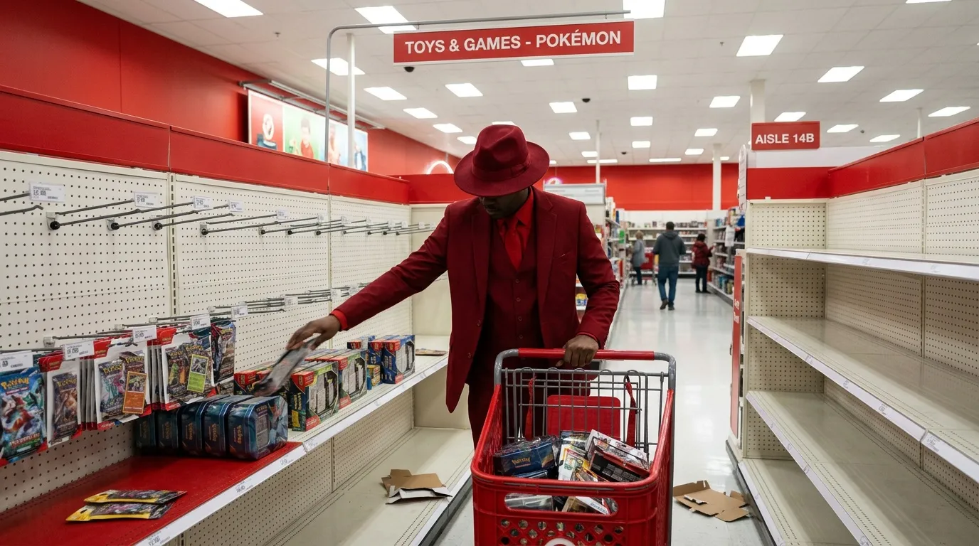 Homme en rouge shopping dans rayon Pokémon vide