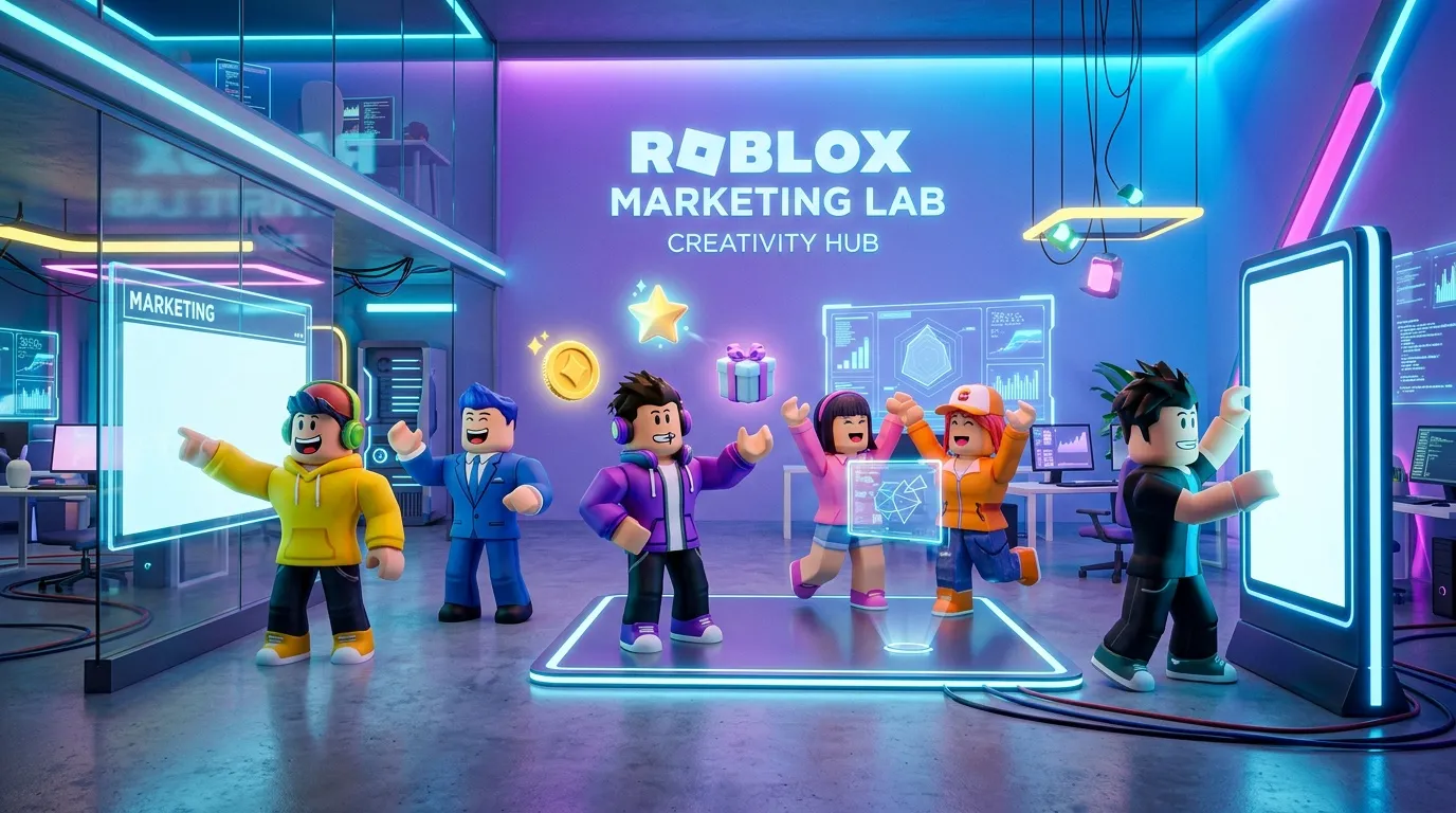 Avatar Roblox célèbrent dans un laboratoire marketing futuriste néon