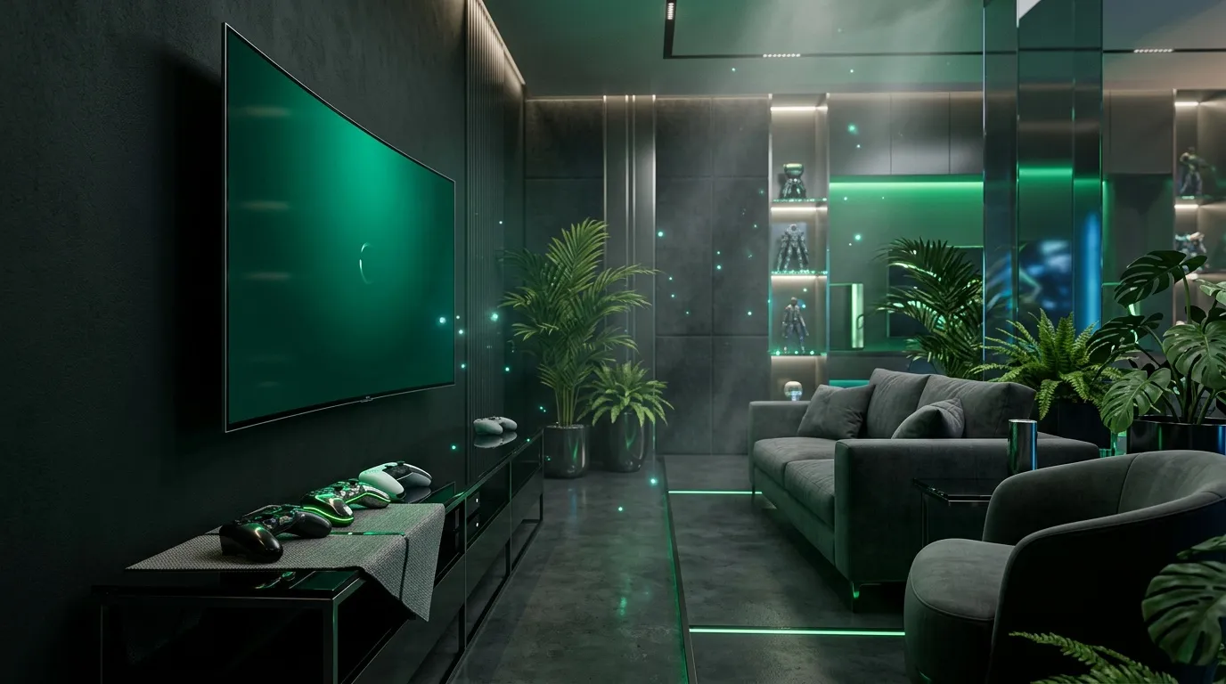 Intérieur moderne aux teintes vertes avec plantes et écran mural