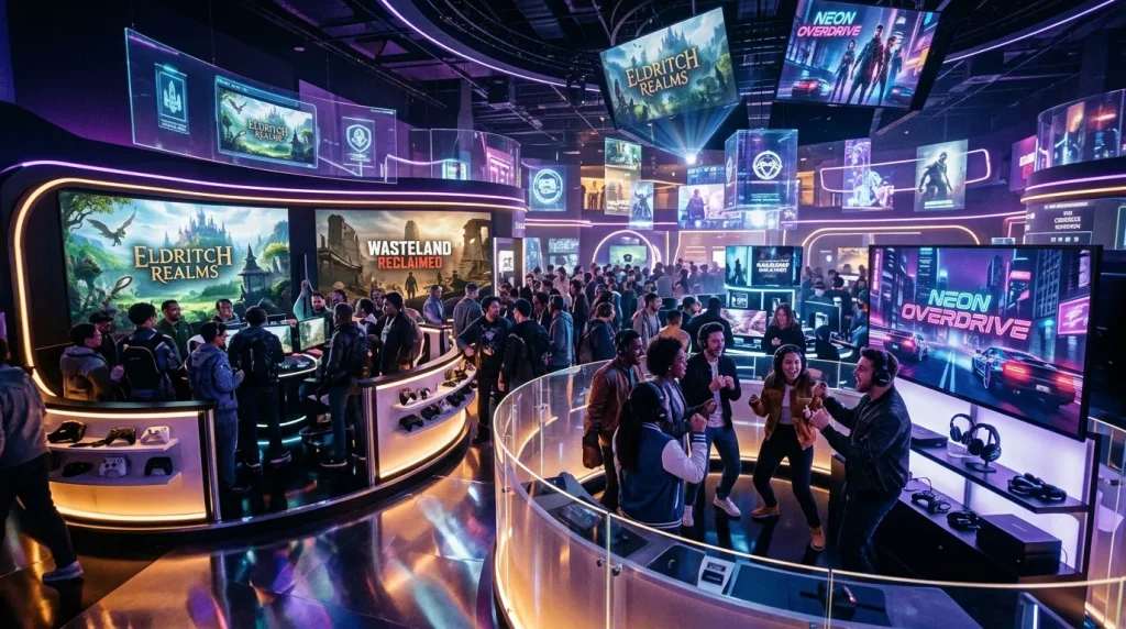 Foule visitant un centre de jeux immersif moderne illuminé
