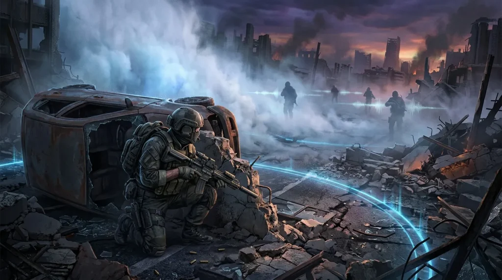 Soldats armés dans ruines futuristes avec fumée bleue