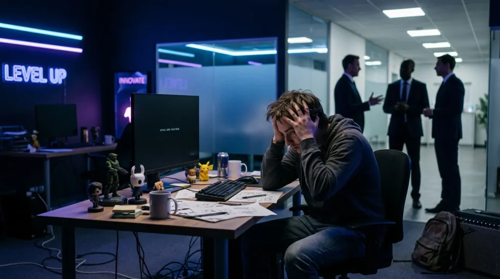 Développeur stressé à son bureau dans un open space tech