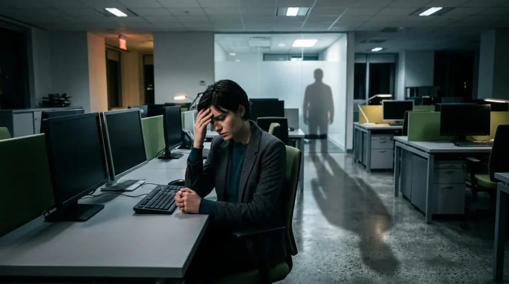 Employé stressé seul à son bureau dans un open space vide