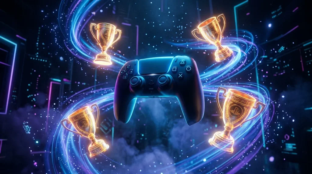 Manette de jeu entourée de coupes dorées brillantes