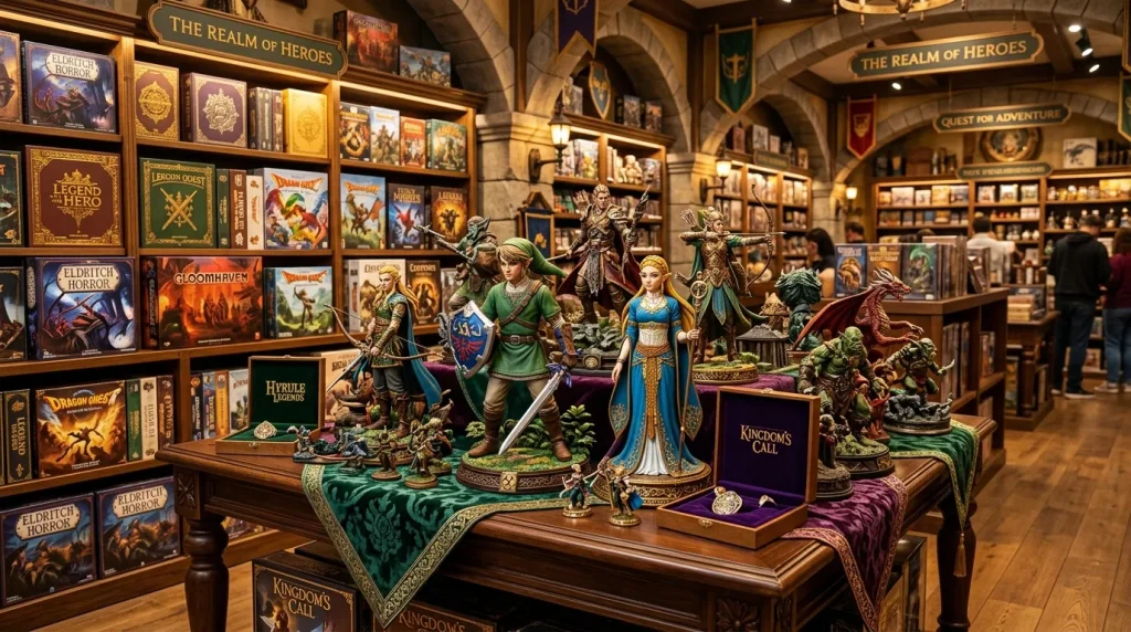 Magasin fantasy avec figurines héroïques, livres et décor médiéval.