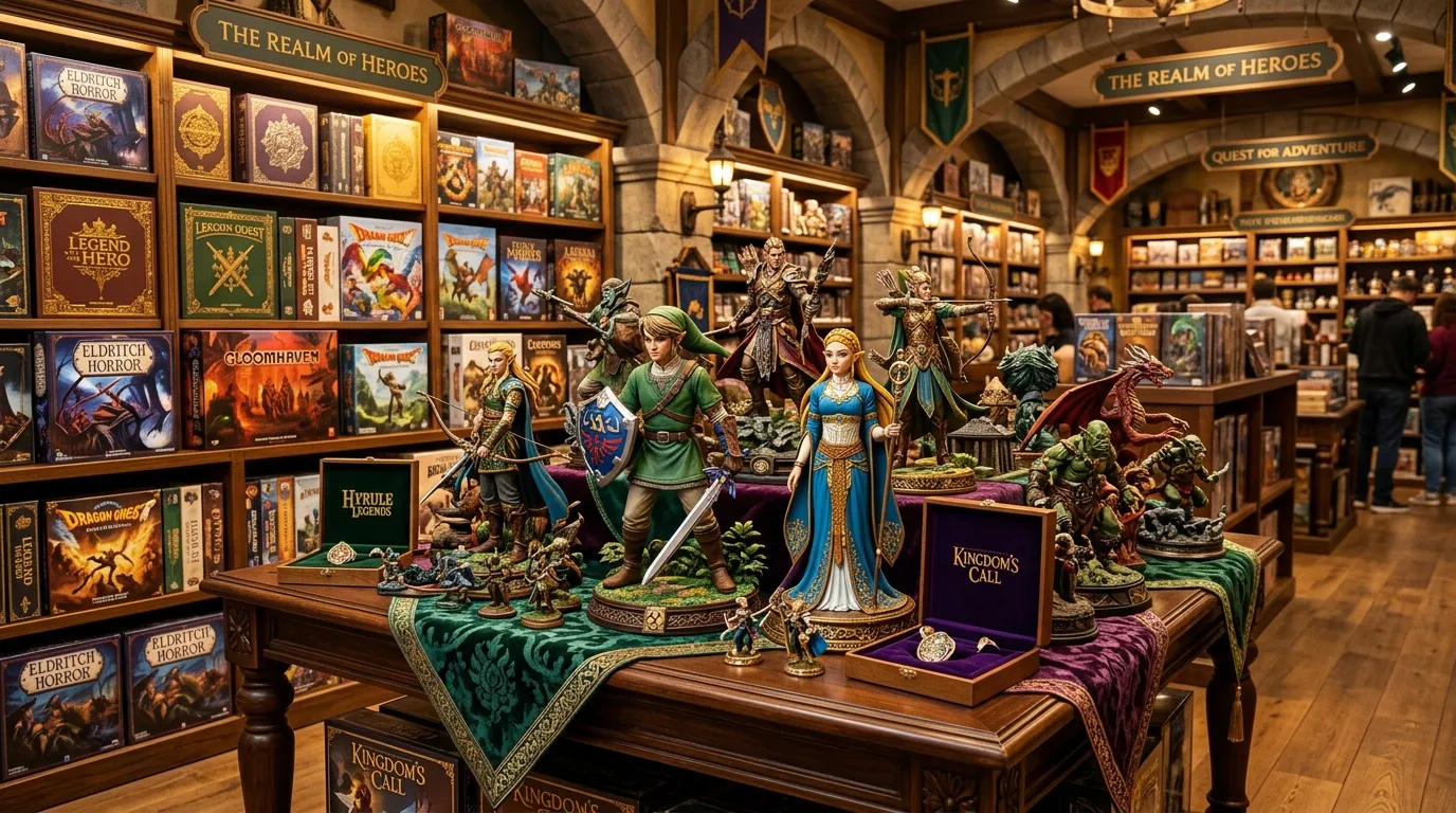 Magasin fantasy avec figurines héroïques, livres et décor médiéval.