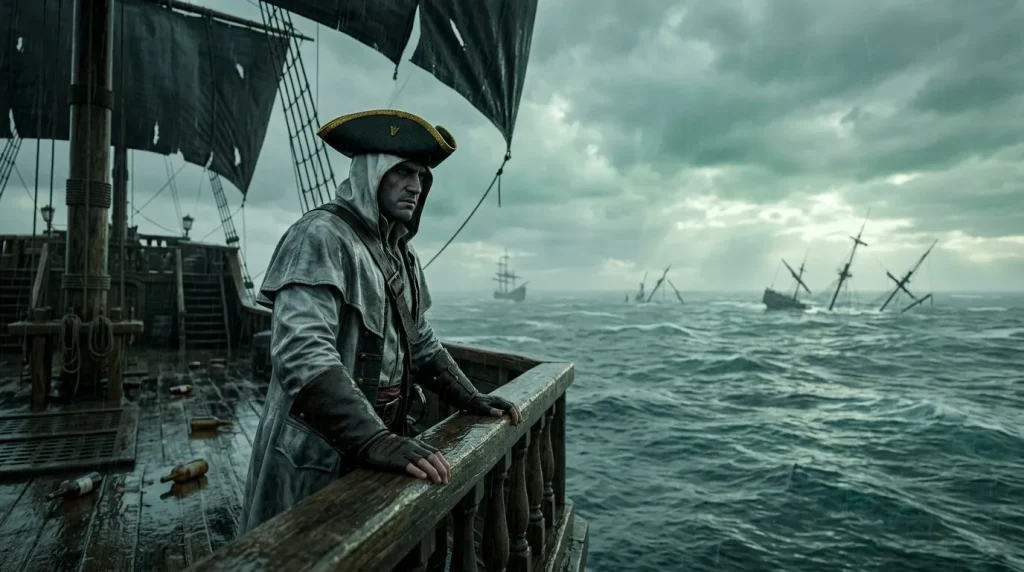Pirate en tricorne observant l'océan depuis son navire