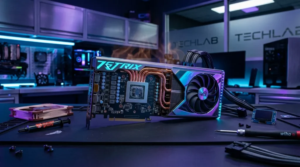 Carte GPU TETRIX avec ventilateur RGB sur établi tech