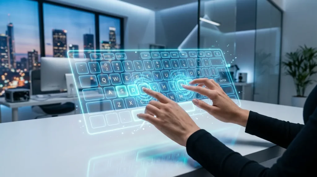 Mains tapant sur un clavier virtuel luminescent en bureau moderne