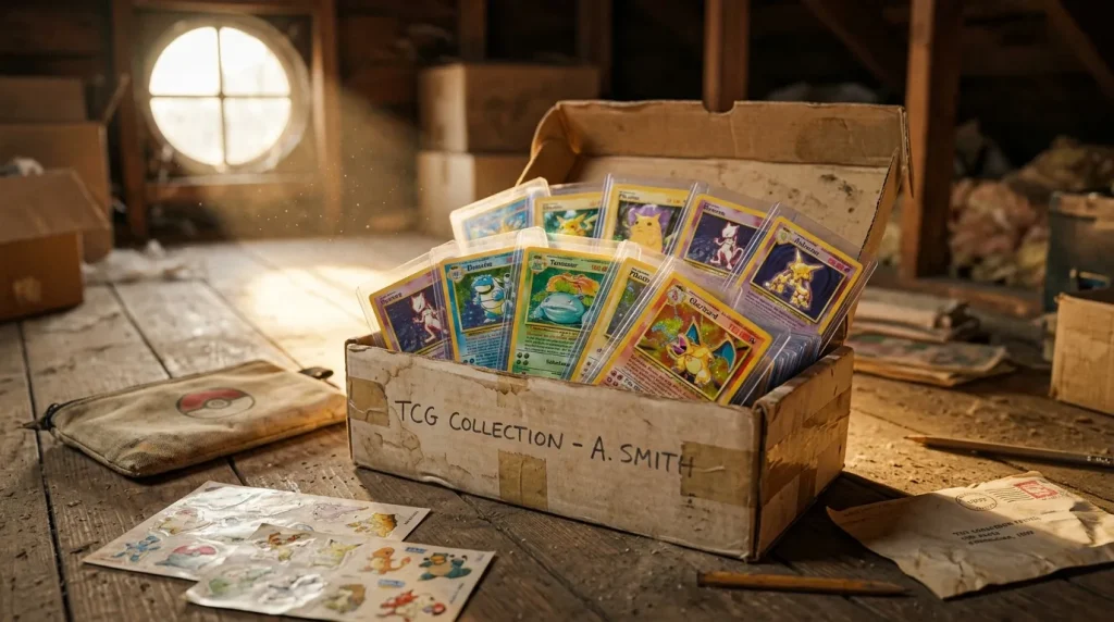 Boîte de cartes Pokémon vintage dans grenier poussiéreux