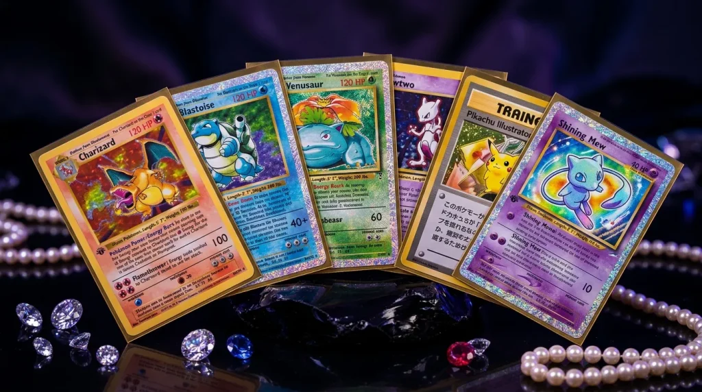 Cartes Pokémon holographiques précieuses avec bijoux et perles