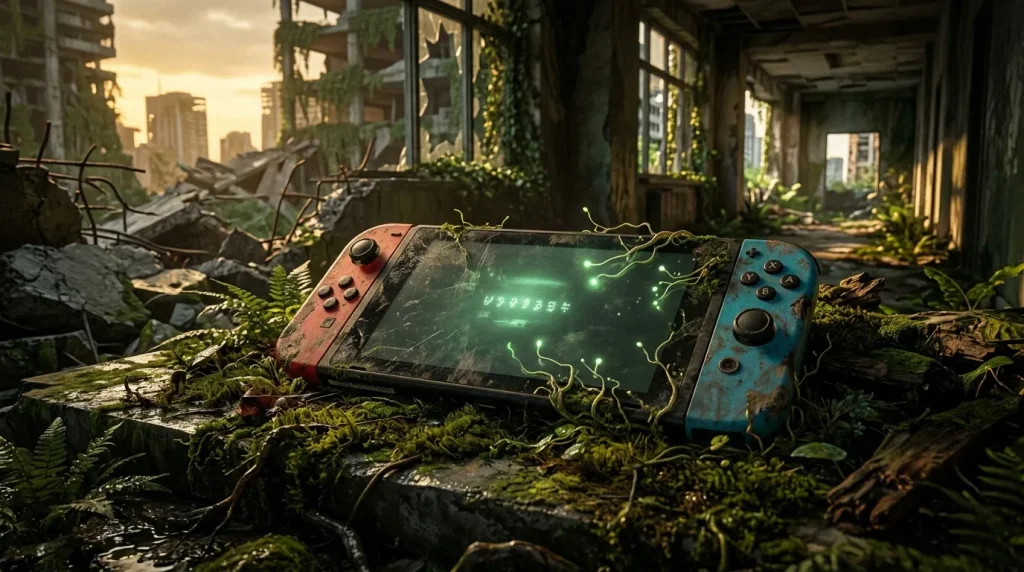 Nintendo Switch rouillée dans un bâtiment délabré envahi de végétation