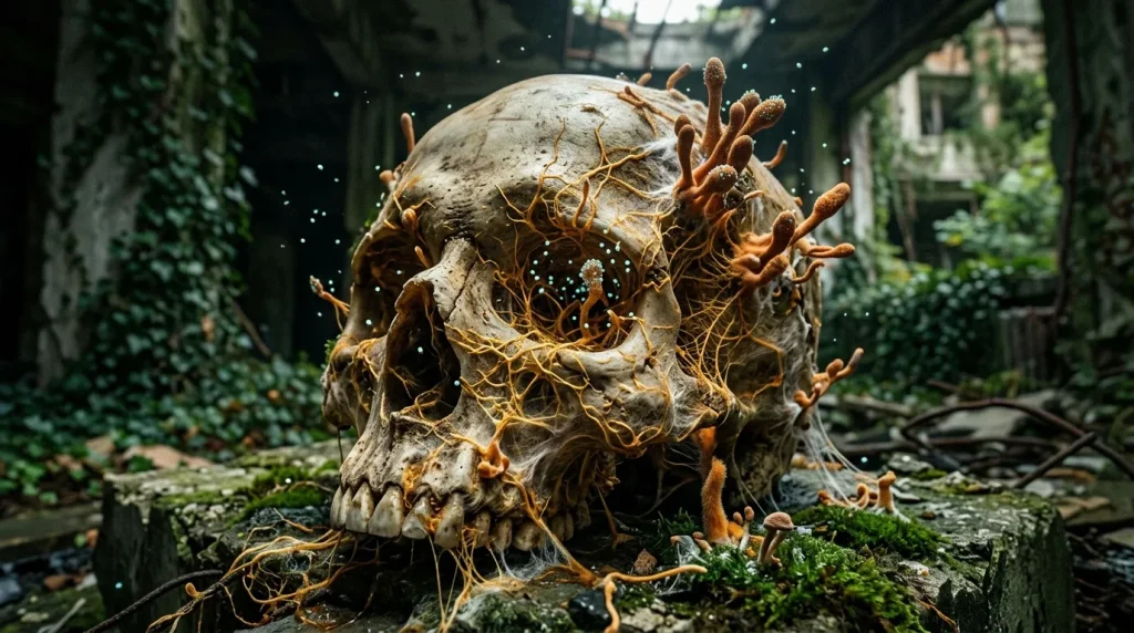 Crâne couvert de racines dorées dans ruines abandonnées