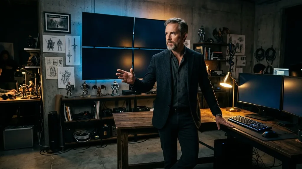 Homme présentant ses créations dans un atelier futuriste
