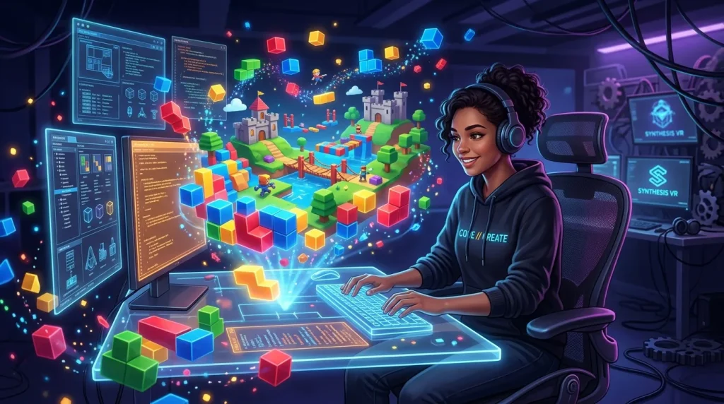 Femme programmant avec univers 3D coloré