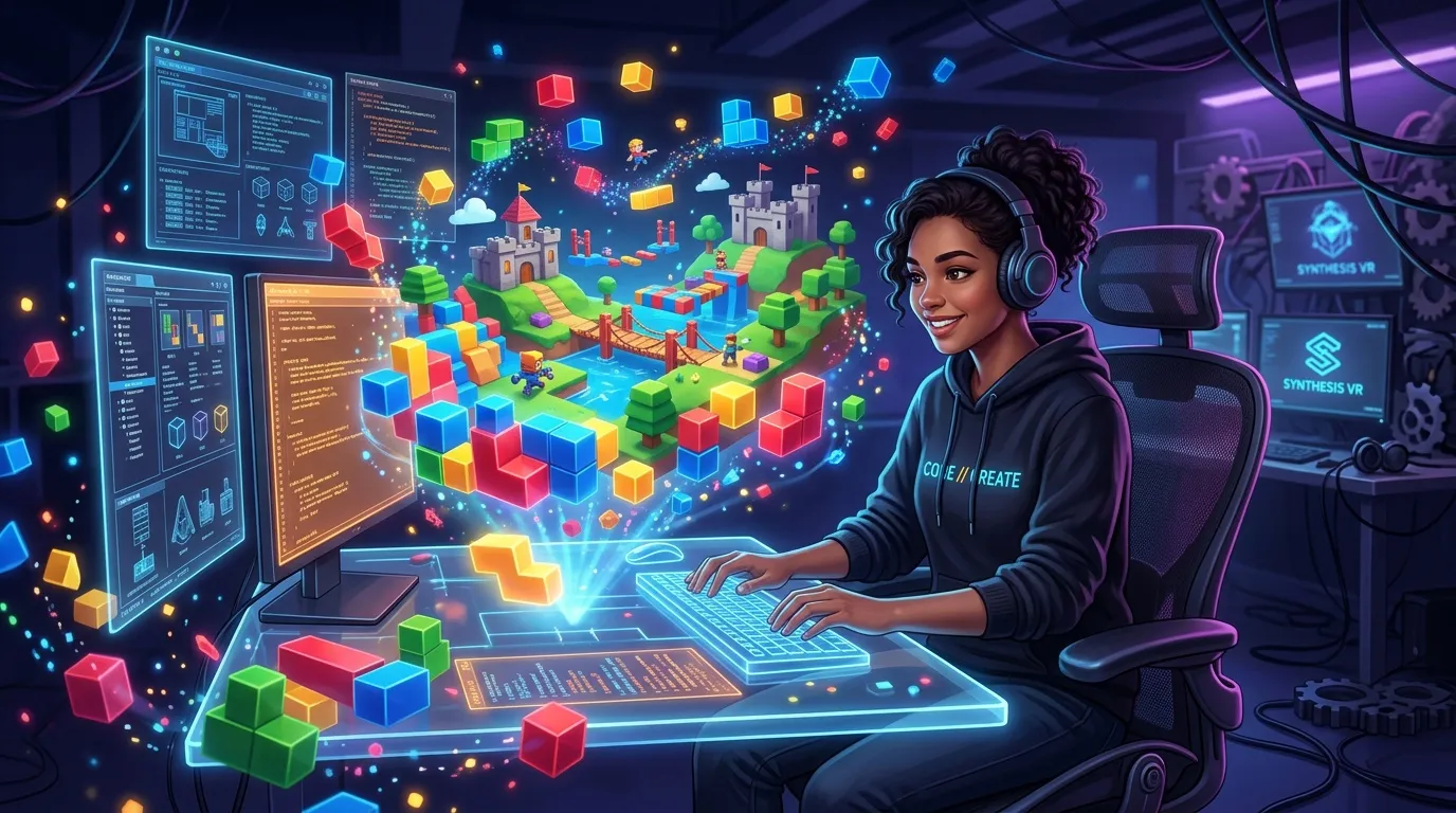 Femme programmant avec univers 3D coloré