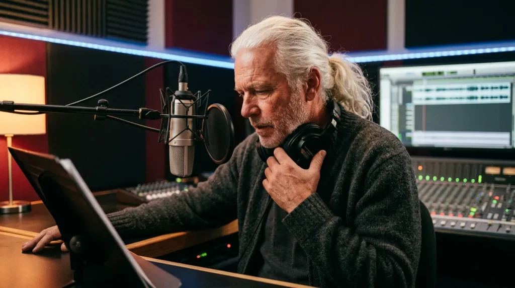 Homme senior enregistrant sa voix au microphone en studio