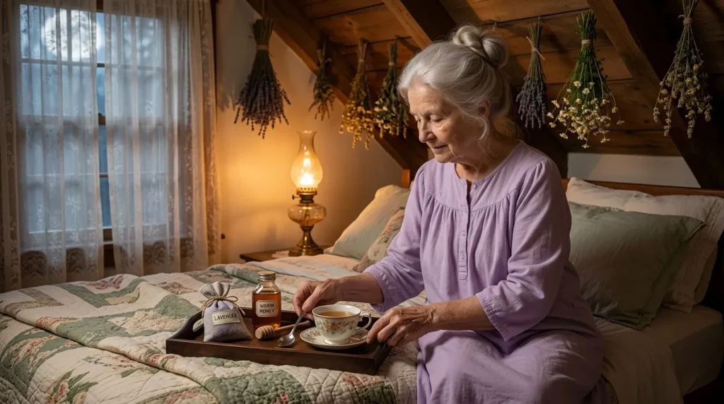 Femme âgée en pyjama violet préparant une tisane dans sa chambre